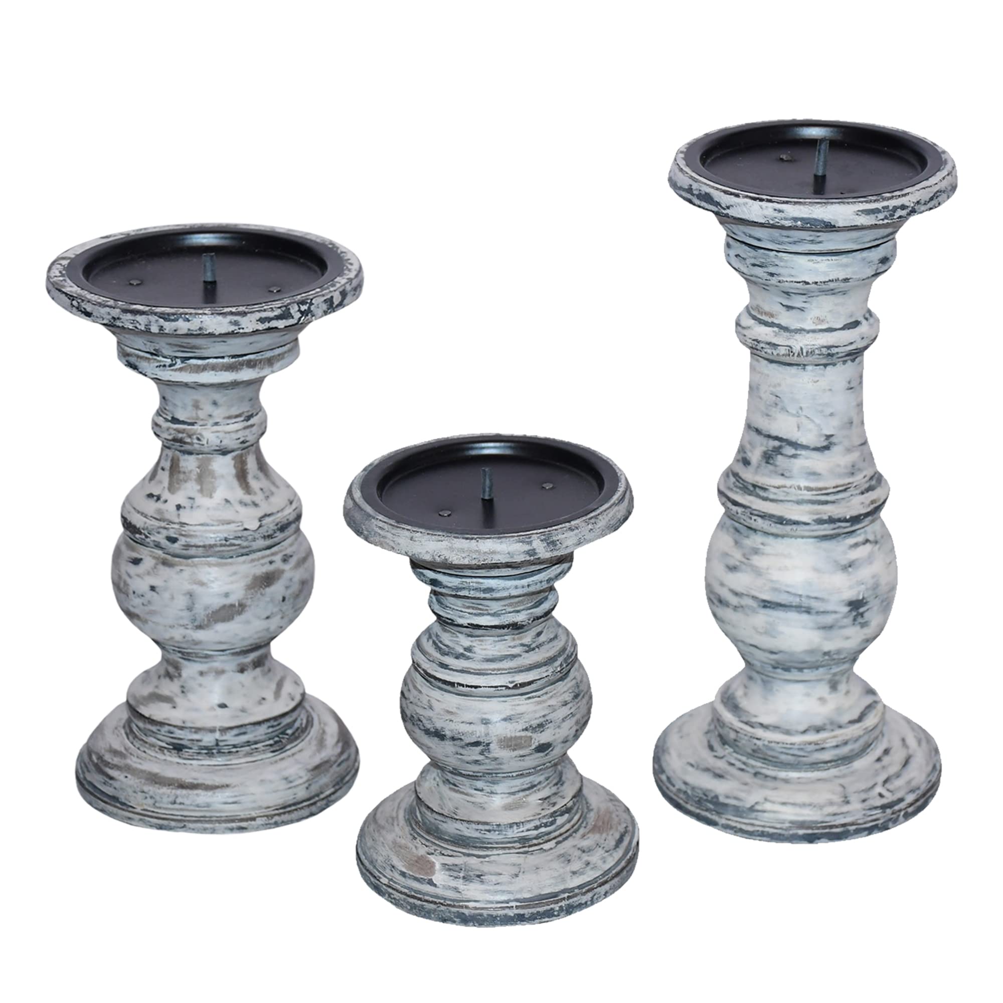 The Urban Port Wooden Candleholder with Turned Pedestal Base, Set of 3, Distressed White and Black