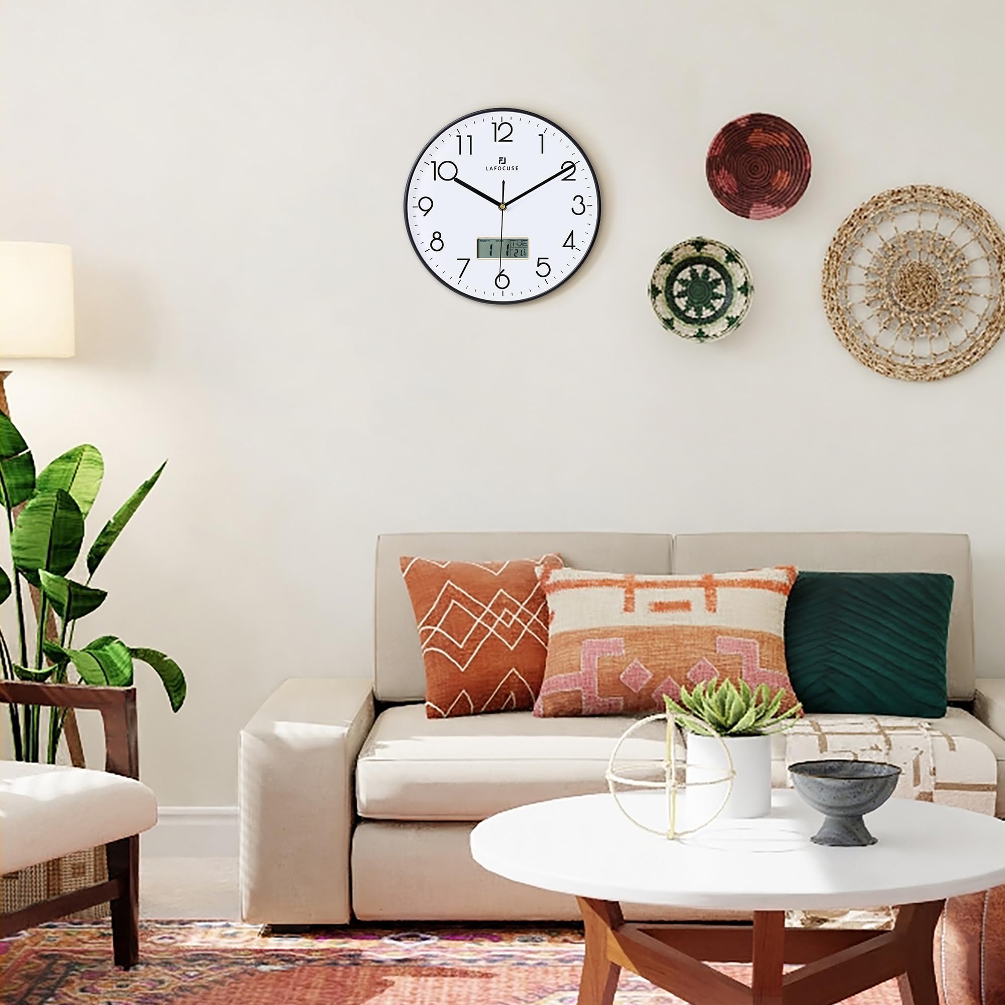 Lafocuse Black Wall clock with Date Month Day of Week and Temperature  Silent Non-Ticking Battery Operated clock for Living Room Bedroom Office Decor