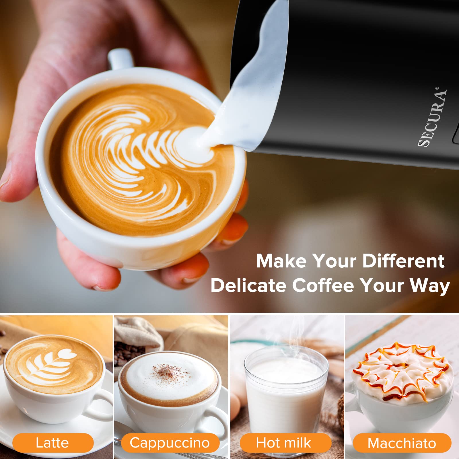 Secura Electric Milk Frother  Automatic Milk Steamer Warm or Cold Foam Maker for Coffee  Cappuccino  Latte  Stainless Steel Milk Warmer with Strix Temperature Controls (Black)