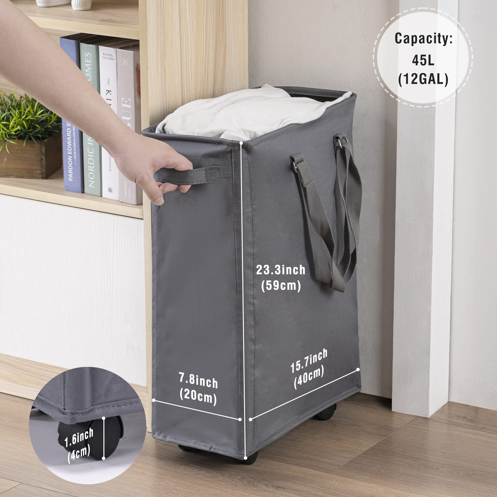 TECHMILLY Slim Laundry Basket with Wheels, 45L Polycotton Hamper, Grey, Model TMLD030, Adjustable Handles for Bedroom & Bathroom