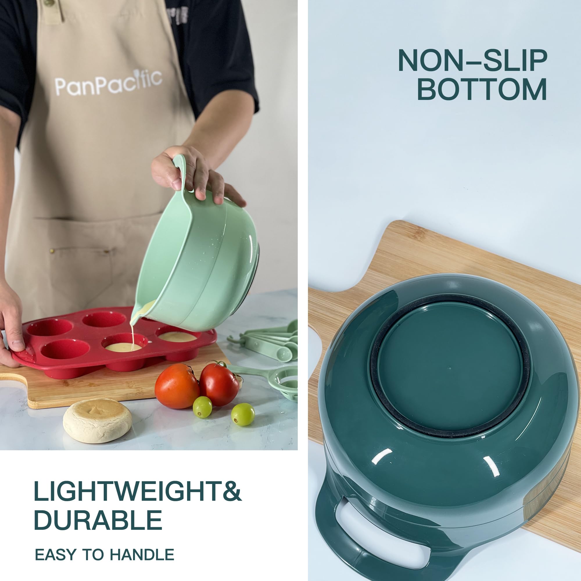 Plasic Mixing Bowls Set With Baking Supplies, Green Nesting Bowls With Pour Spout/Handle, Non-Slip Base, Measuring Spoons Set, E
