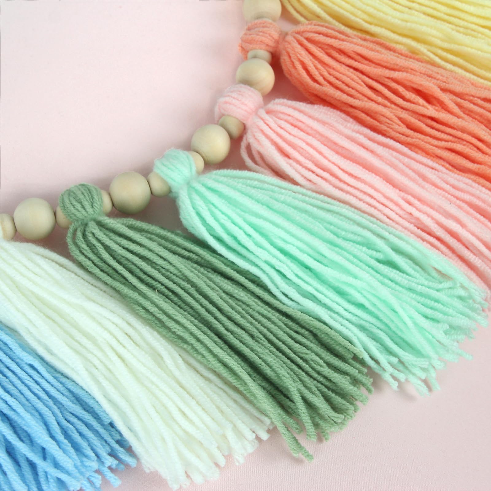 GIAUMA Boho Yarn Tassel Garland with Wood Beads Pastel Wall Hanging Tassels Bunting Banner for Spring Easter Classroom Nursery B