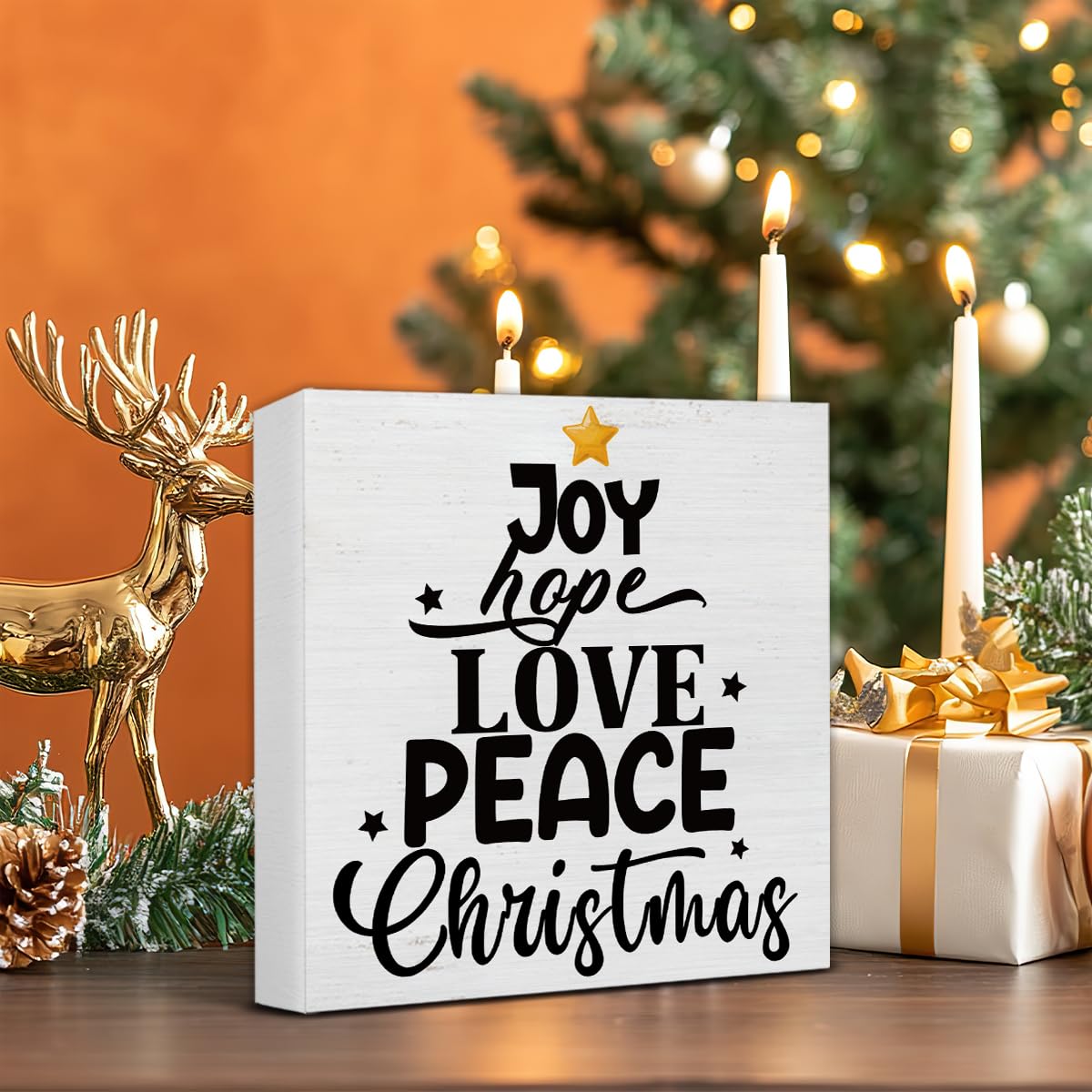 Indoor Christmas Decorations, Joy Hope Love Peace Christmas Wooden Sign, Rustic Christmas Decor, Christmas Decor for Desk Table