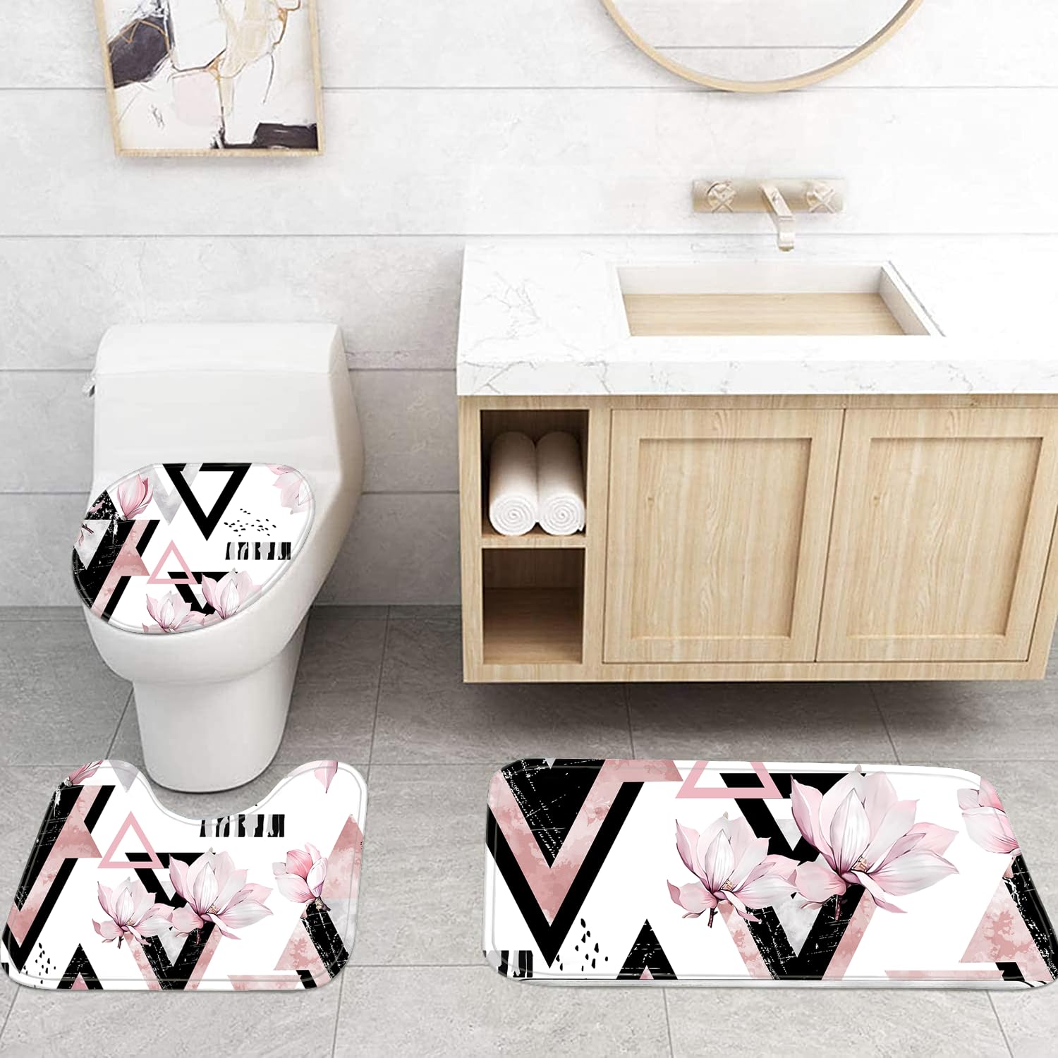 Xswpl Shower Curtain Set With Rugs 4Pcs Pink Bathroom Sets With Shower Curtain And Rugs Modern Geometric Bathroom Sets Waterproo