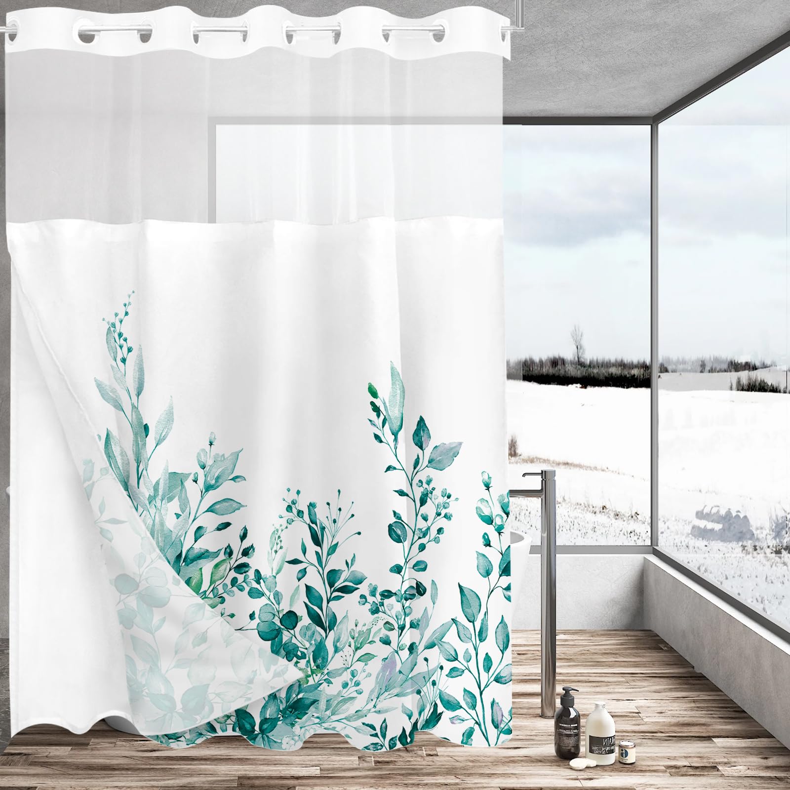 Tititex No Hooks Snap In Liner Teal Eucalyptus Leaves Shower Curtain Sets, Hotel Luxury Double Layers Waterproof Fabric & See-Th