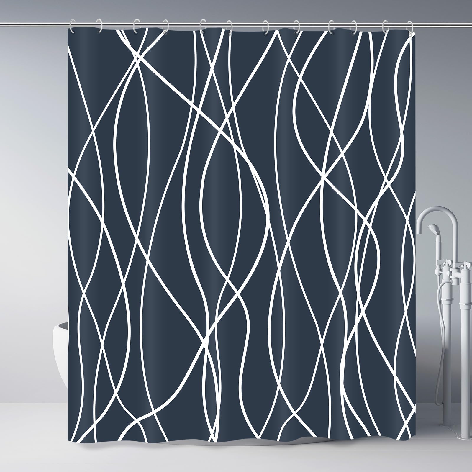 Punkray Aegean Blue Shower Curtain For Bathroom With Hooks,Shower Curtain Set,White Stripe Bath Curtains Decorative Shower Curta