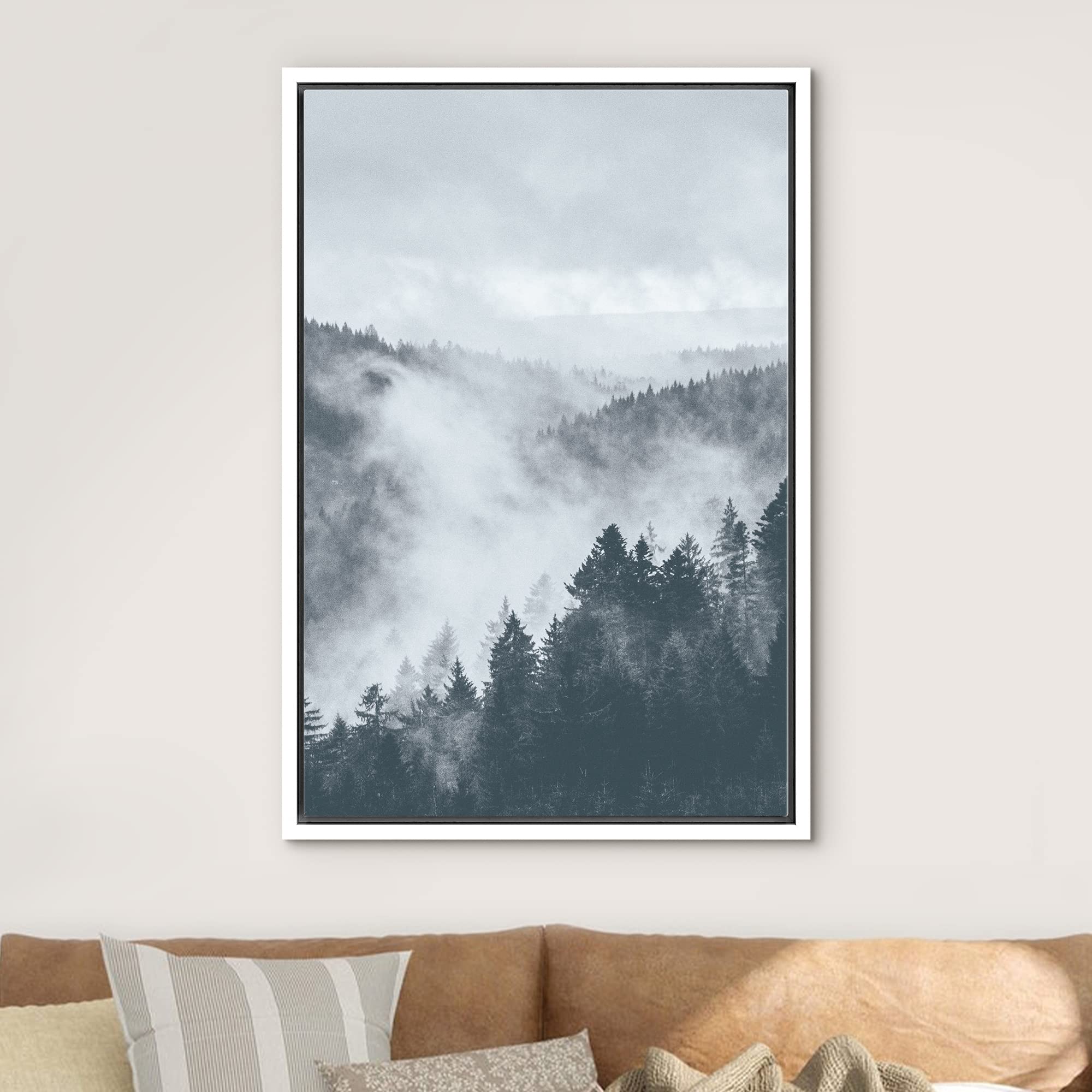 NWT Framed Canvas Print Wall Art Fog Over The Dark Mountain Forest Nature Wilderness Photography Realism Rustic Scenic Colorful Duotone for Living Room  Bedroom  Office - 24''x36'' White