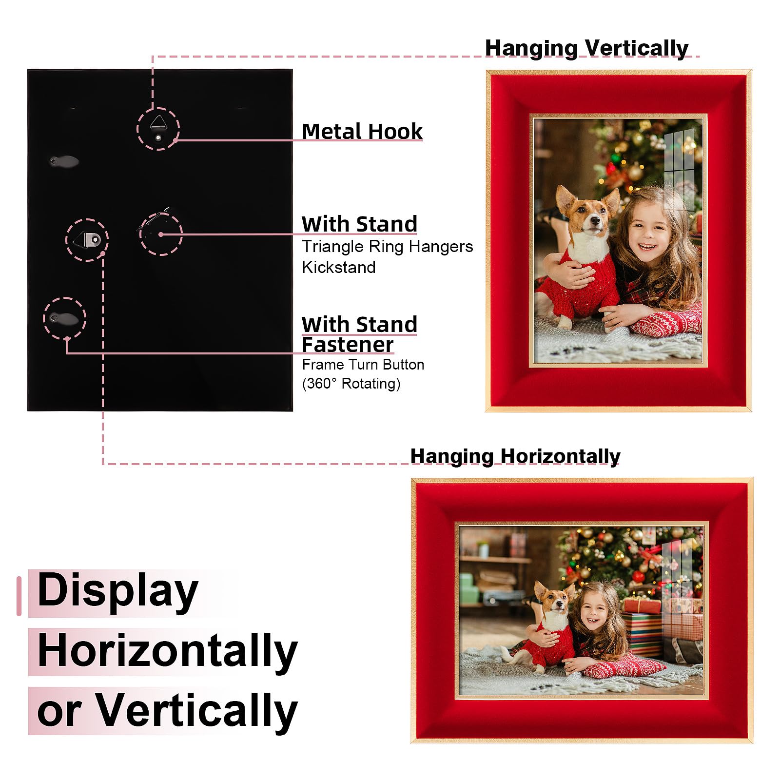KSROECUD 5x7 Velvet Picture Frame, Red Photo Frames with Modern Simple Metallic Gold Border, HD Real Glass Horizontal & Vertical