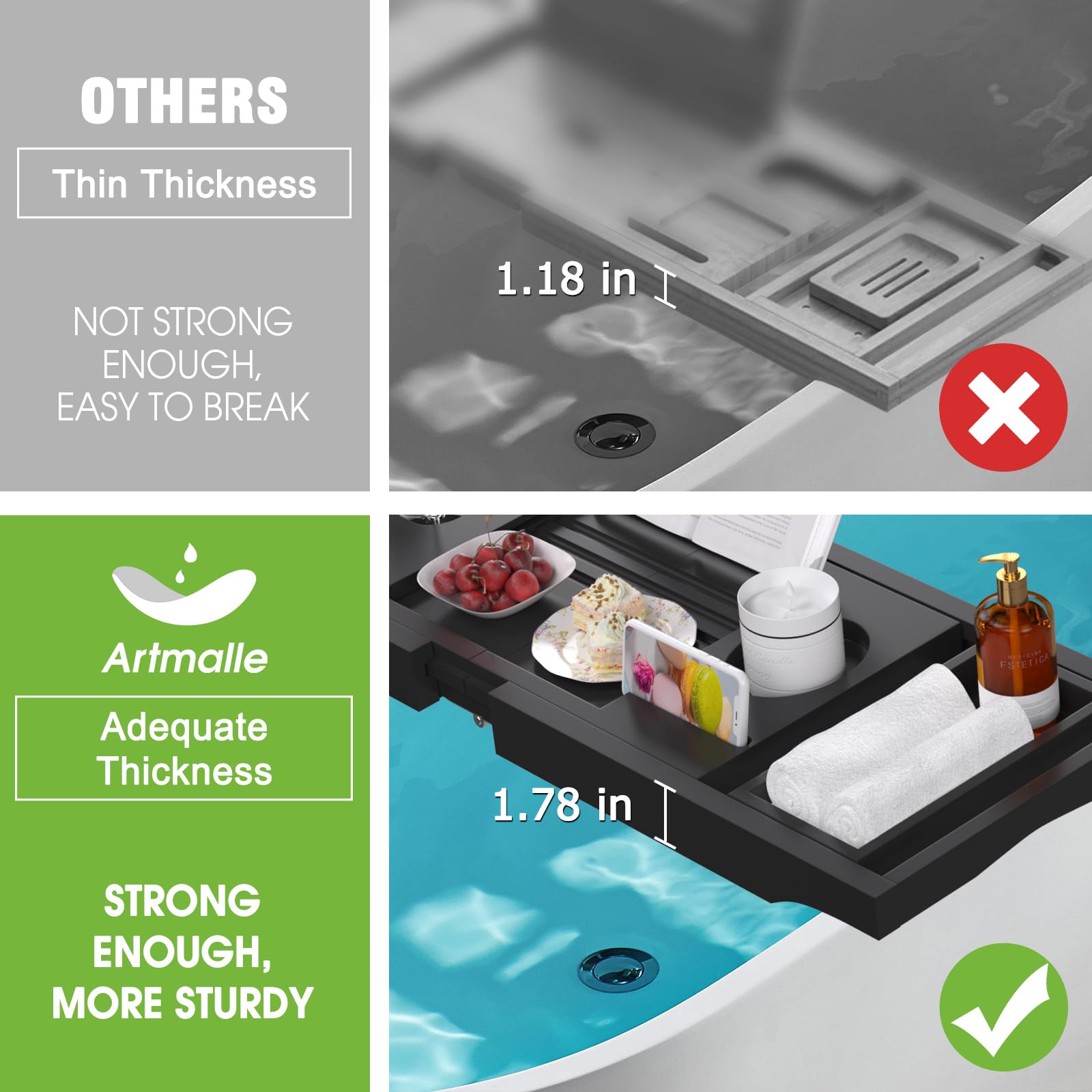 Artmalle Bathtub Caddy Tray - Expandable And Foldable Bath Tray For Tub, Luxury Bamboo Bath Caddy Tub Table, Bathtub Accessories