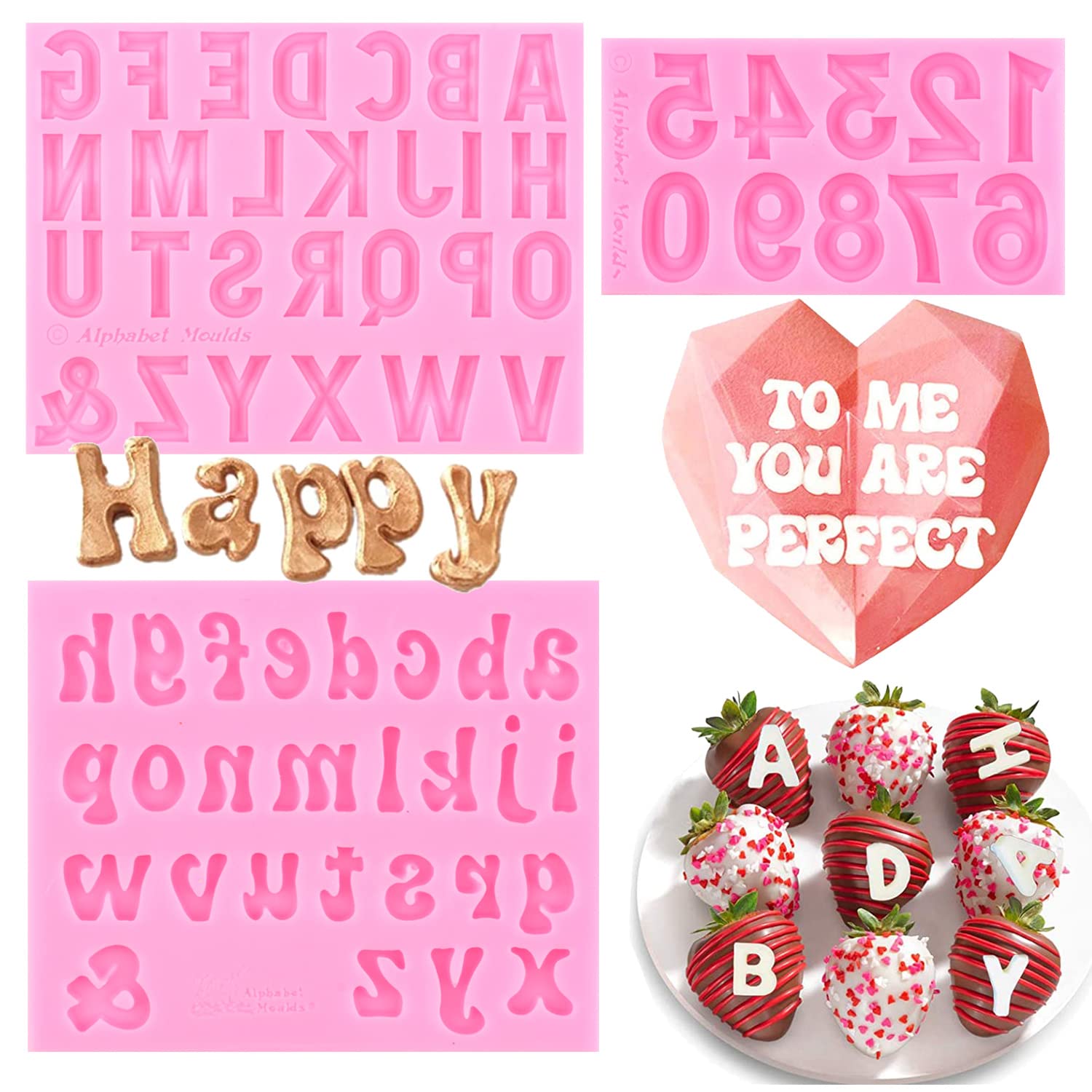 Miyahouse Letter Molds Silicone Uppercase Lowercase Alphabet Number Fondant Mold For Chocolate Covered Strawberries Birthday Par