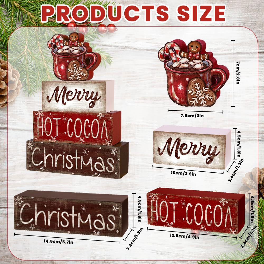 DIYDEC 4Pcs Christmas Wooden Tabletop Decoration Hot Cocoa Wooden Block Signs Gift Rustic Xmas Tiered Tray Decor Merry Christmas