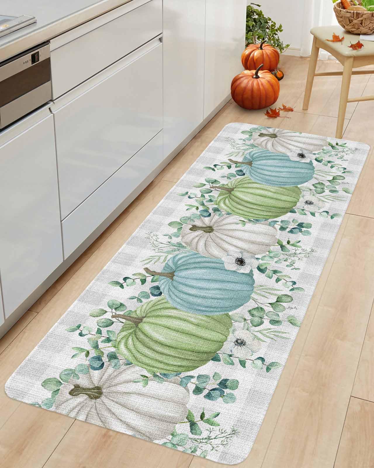 Fall Thanksgiving Kitchen Mat for Floor Autumn Pumpkins Eucalyptus Leaves Kitchen Runner Rug,Non Skid, White Blue Green Gray Pla