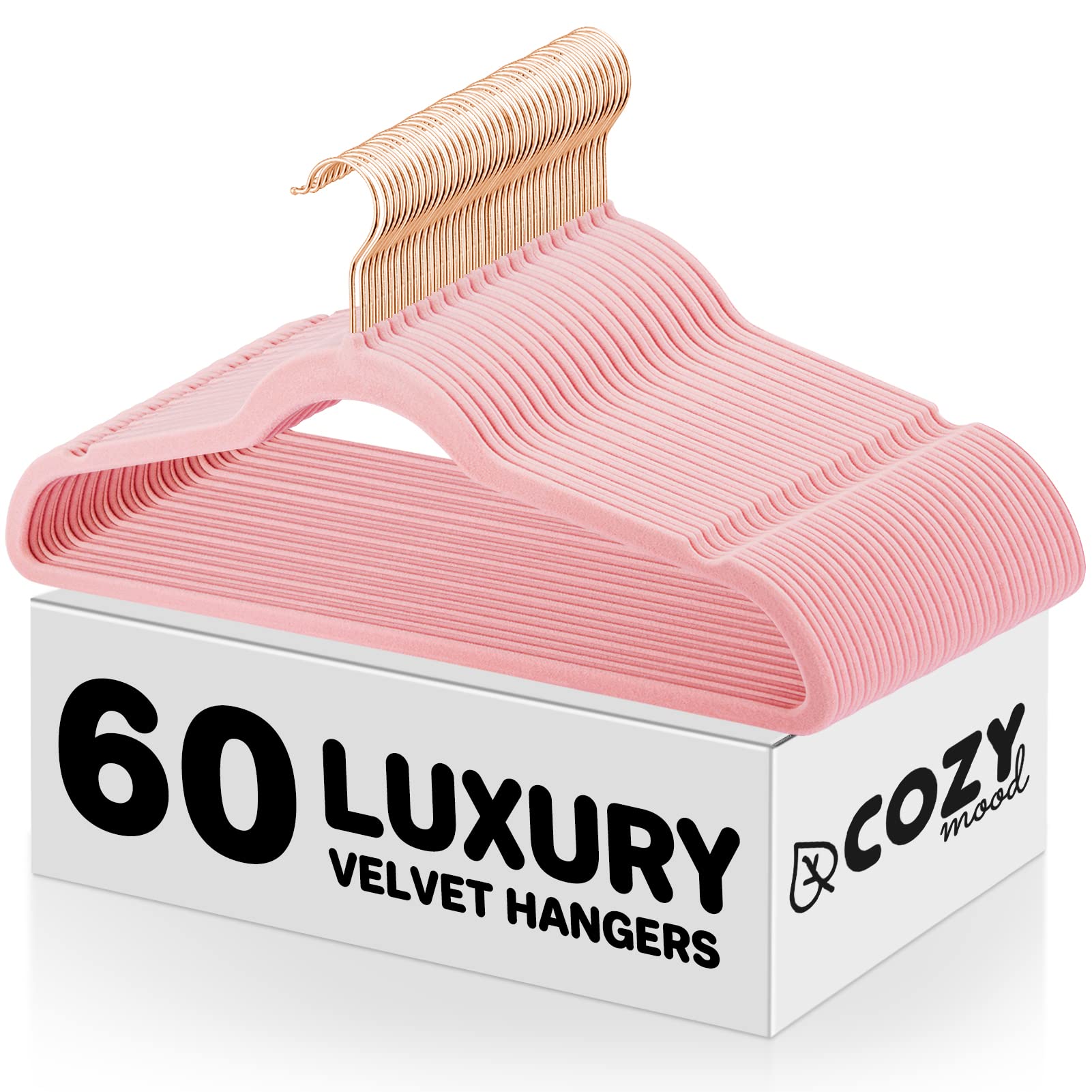 Cozymood Luxury Pink Velvet Hangers 60 Pack, Premium Clothes Hangers Non-Slip Felt Hangers, Strong Pink Hangers Heavy Duty Coat