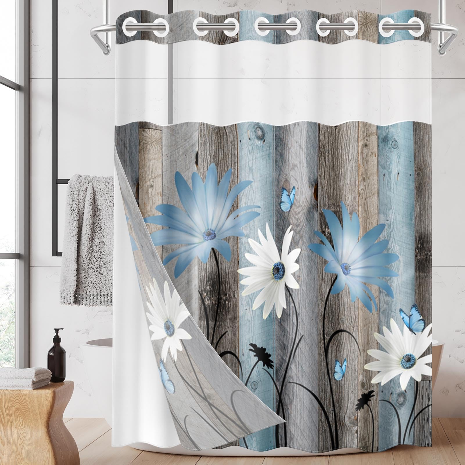 Nesphy No Hook Rustic Farmhouse Shower Curtain With Snap In Fabric Liner Set, Blue Daisy Flowers And Butterfly On Wooden Double