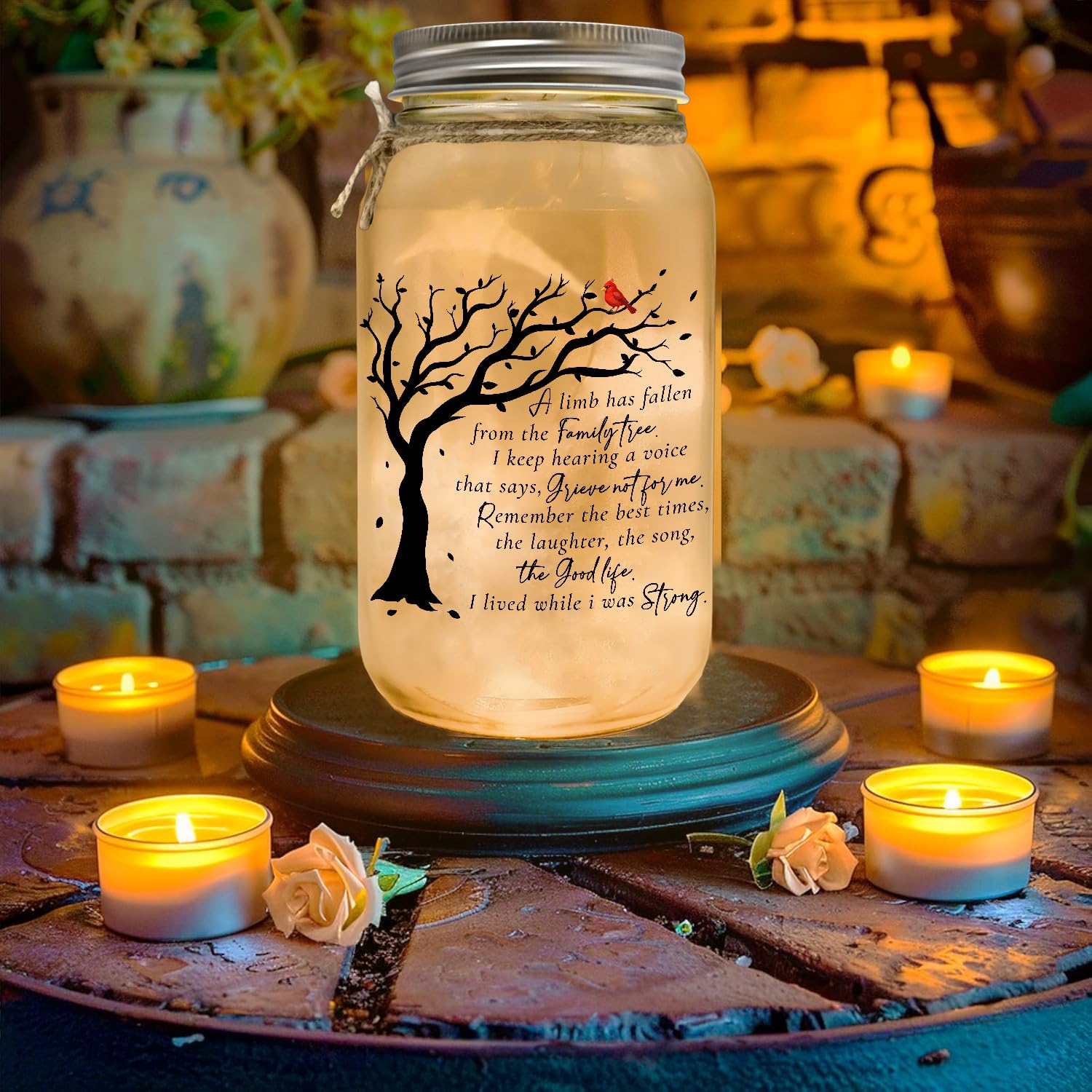 Memorial Gifts Mason Jar Light Large, Red Cardinal - Memory Gifts for Loss Loved Ones, A Limb Has Fallen From Our Family Tree, S