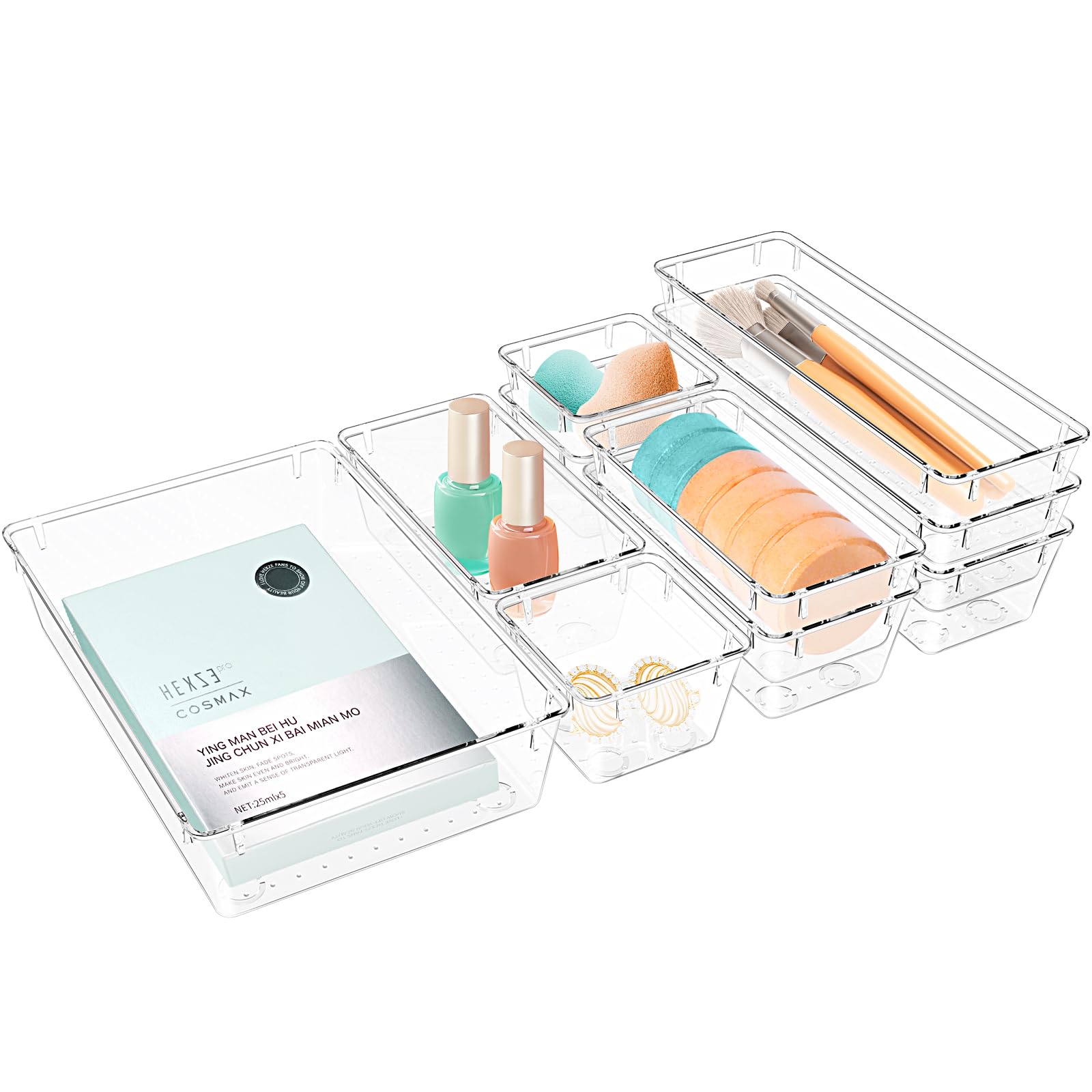 StorMiracle 10 PCS Drawer Organizer Set,4 Varied Size Bathroom and kitchen Drawer cabinet organizer Trays, Clear Storage Bins fo