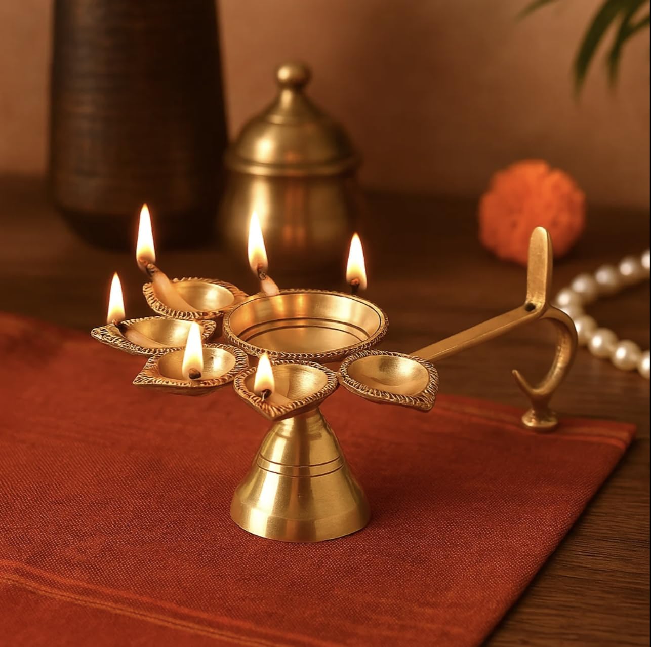 10Club Panch Aarti 100% Pure Brass Diya | Panchmukhi Puja Diya (15L X 11B X 6H cm, 370 gm) | Ghee Lamp | Aarti Ghee Deepak for H