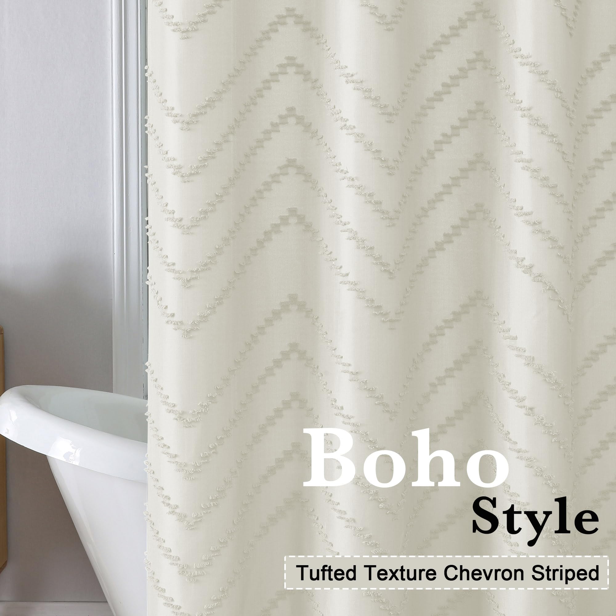 Chyhomenyc Chevron Extra Long Beige Boho Shower Curtain Set 72X78 Inches, Fabric Shower Curtain Modern Farmhouse Chic Textured T