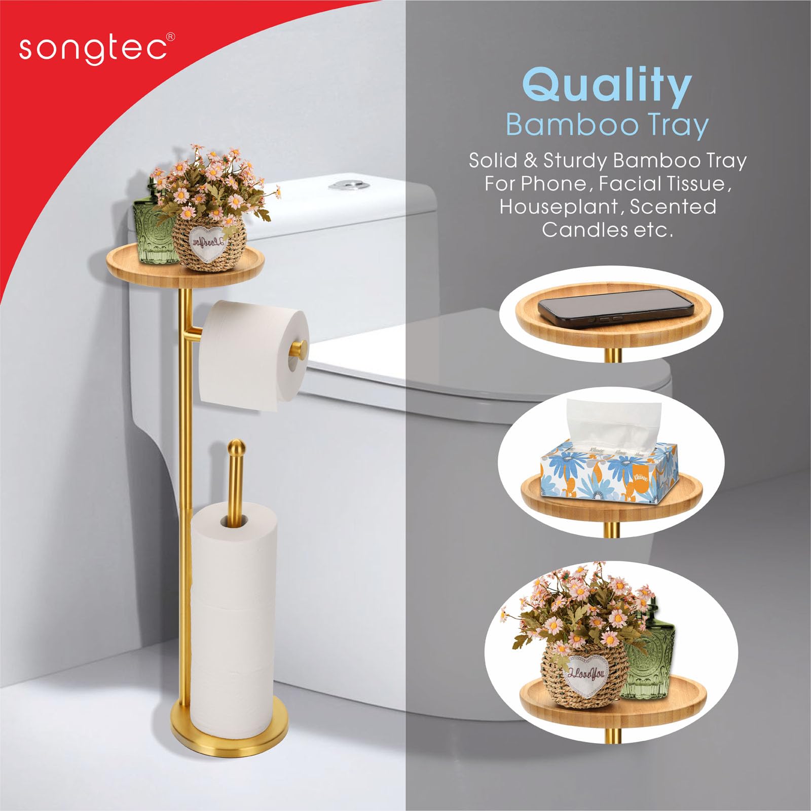 Toilet Paper Holder Stand With 7.9'' Big Bamboo Tray, Gold Floor Standing Paper Holder Storage Stand With Phone Shelf, Reserve F