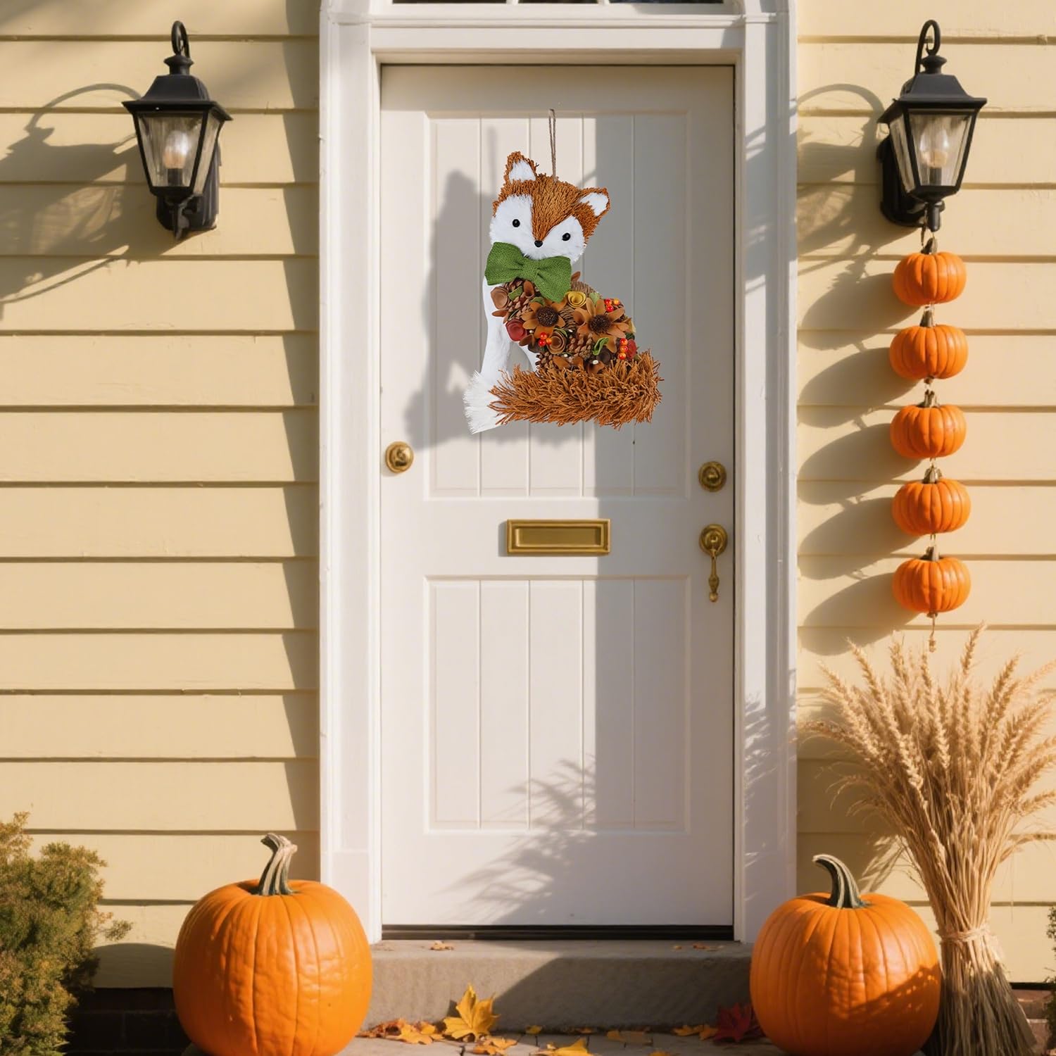 Glintoper Fall Wreath for Front Door, 14 Thanksgiving Straw Fox Figurine with Woodchip Pinecone, Hanging Harvest Autumn Gifts, T