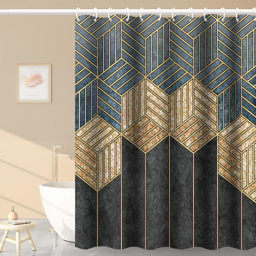 Umpoo Modern Abstract Geometric Shower Curtains 72X72 Inch Gold Lines Hexagon Black Grey Wall Luxury Art Shower Curtain Set With