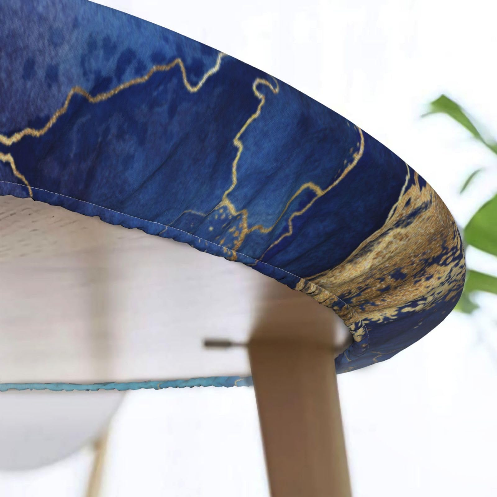 Fiokroo Blue Golden Marble Background Tablecloth With Elastic Edge, Round Table Cloth Washable Reusable Table Cover For Kitchen