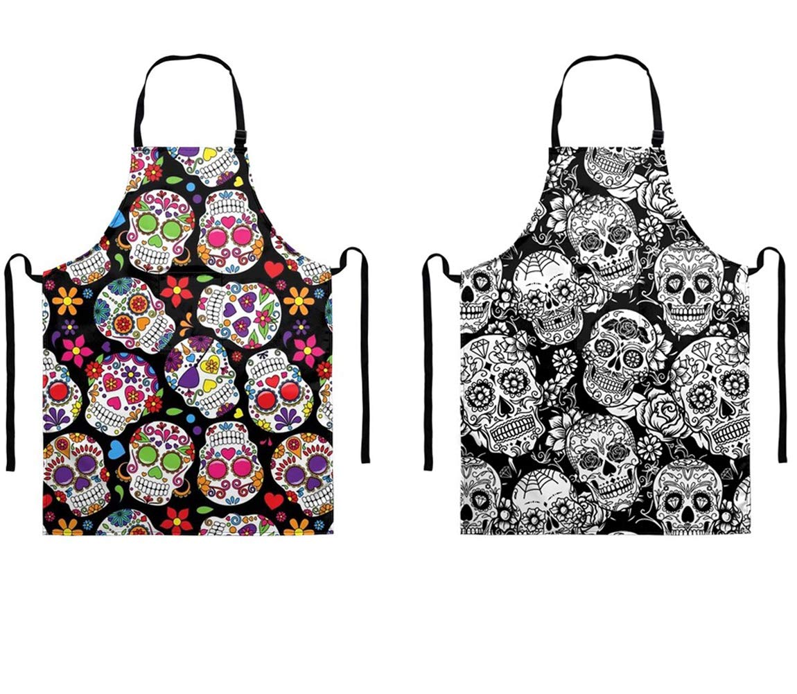 Tovip Sugar Skull 2Pcs Flower Apron Women Men Colorful Skull Cotton Linen Aprons For Kitchen Home Cooking Baking Cleaning Access