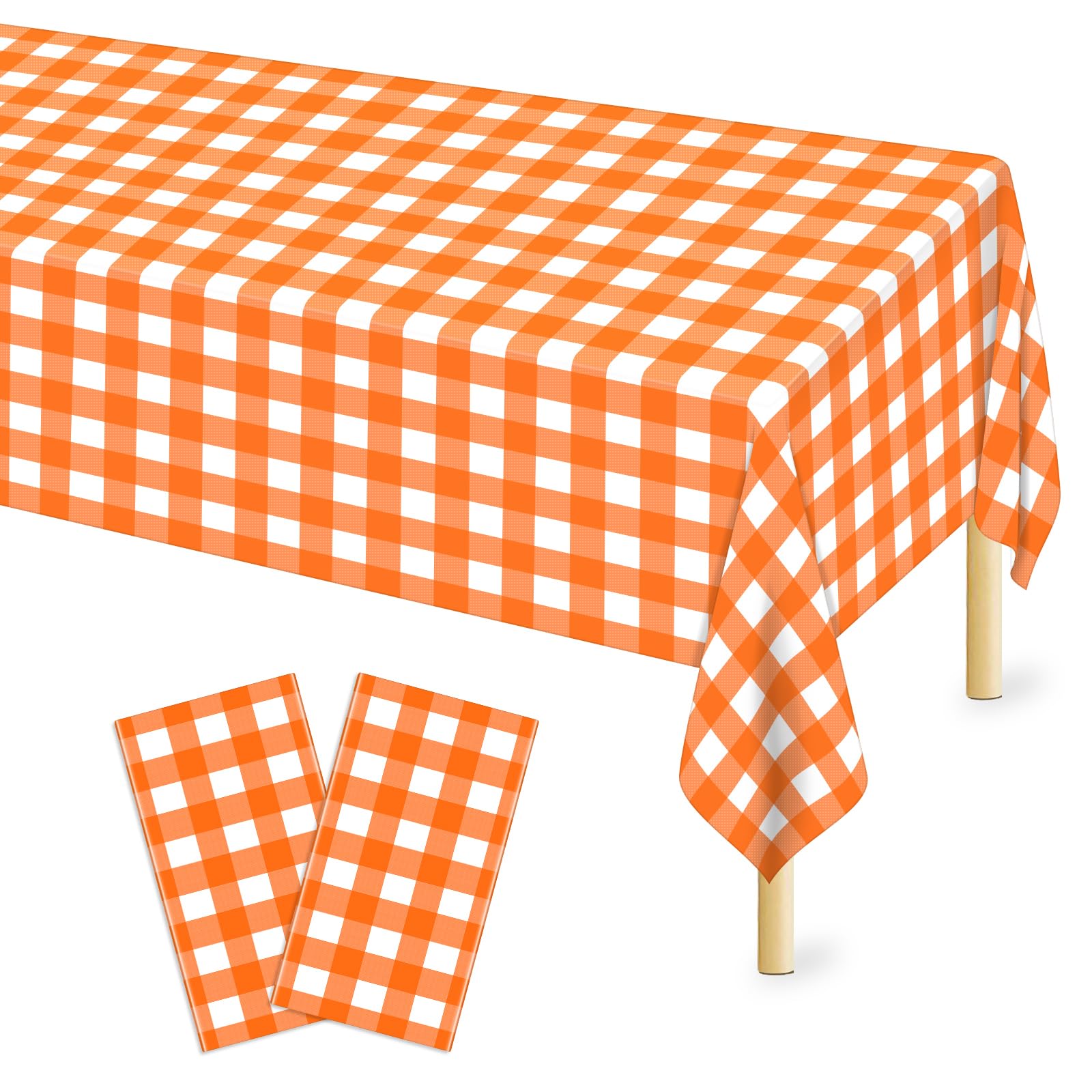 Mulbozy Orange Gingham Tablecloth 2 Pack, 54 x 108 Inch Plastic Table Cloth Disposable, Orange and White Checkered Table Cover f