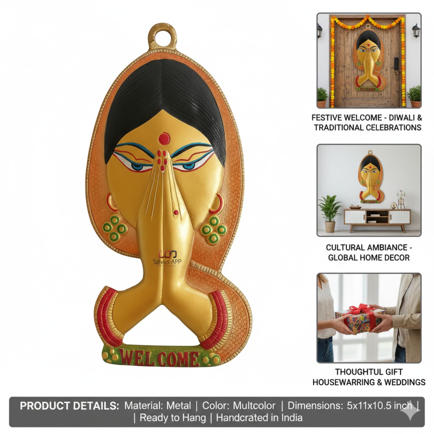 Salvus App Solutions Traditional Indian Namaste Lady Wall Hanging - Elegant Welcome Sign For Home Entrance, Vibrant Hand-Painted