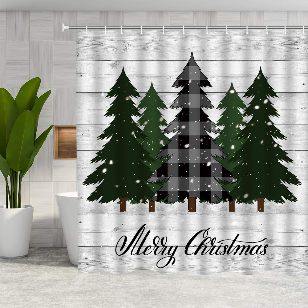 Dmtty Merry Christmas Shower Curtain Farmhouse Decor Black Green Buffalo Check Plaid Christmas Tree Bathroom Curtain Fabric Bath