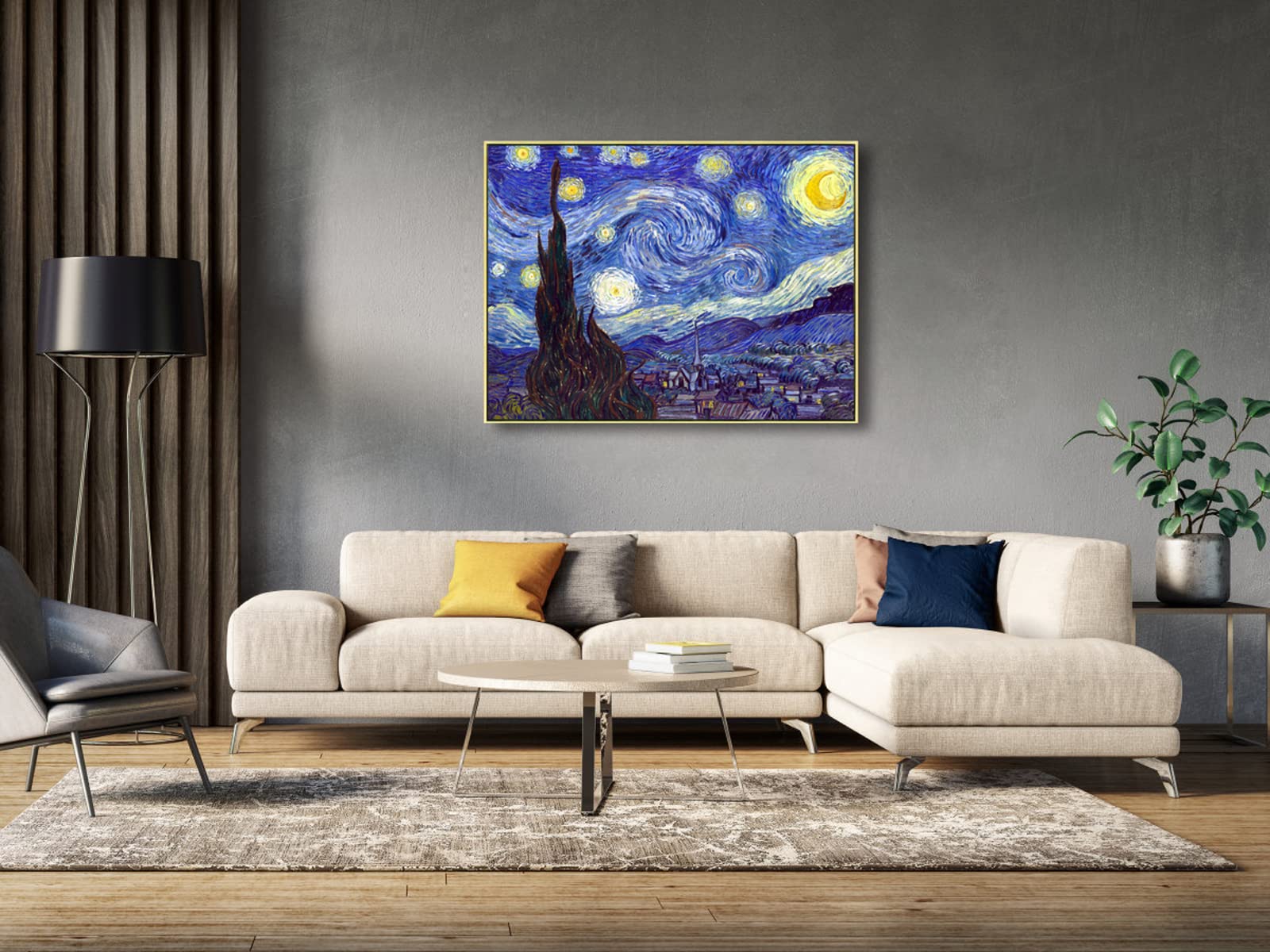 Wieco Art Large Framed Art Giclee Canvas Prints Of Starry Night By Vincent Van Gogh Paintings Reproduction Post-Impressionism Ar