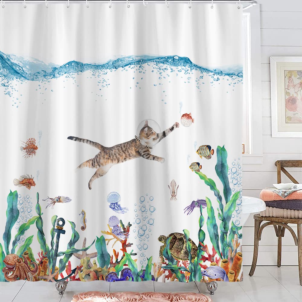 Funny Cat Fabric Shower Curtain For Bathroom, Ocean Animal Octopus Starfish Turtle Nautical Anchor Fish Shower Curtain Cute Fun