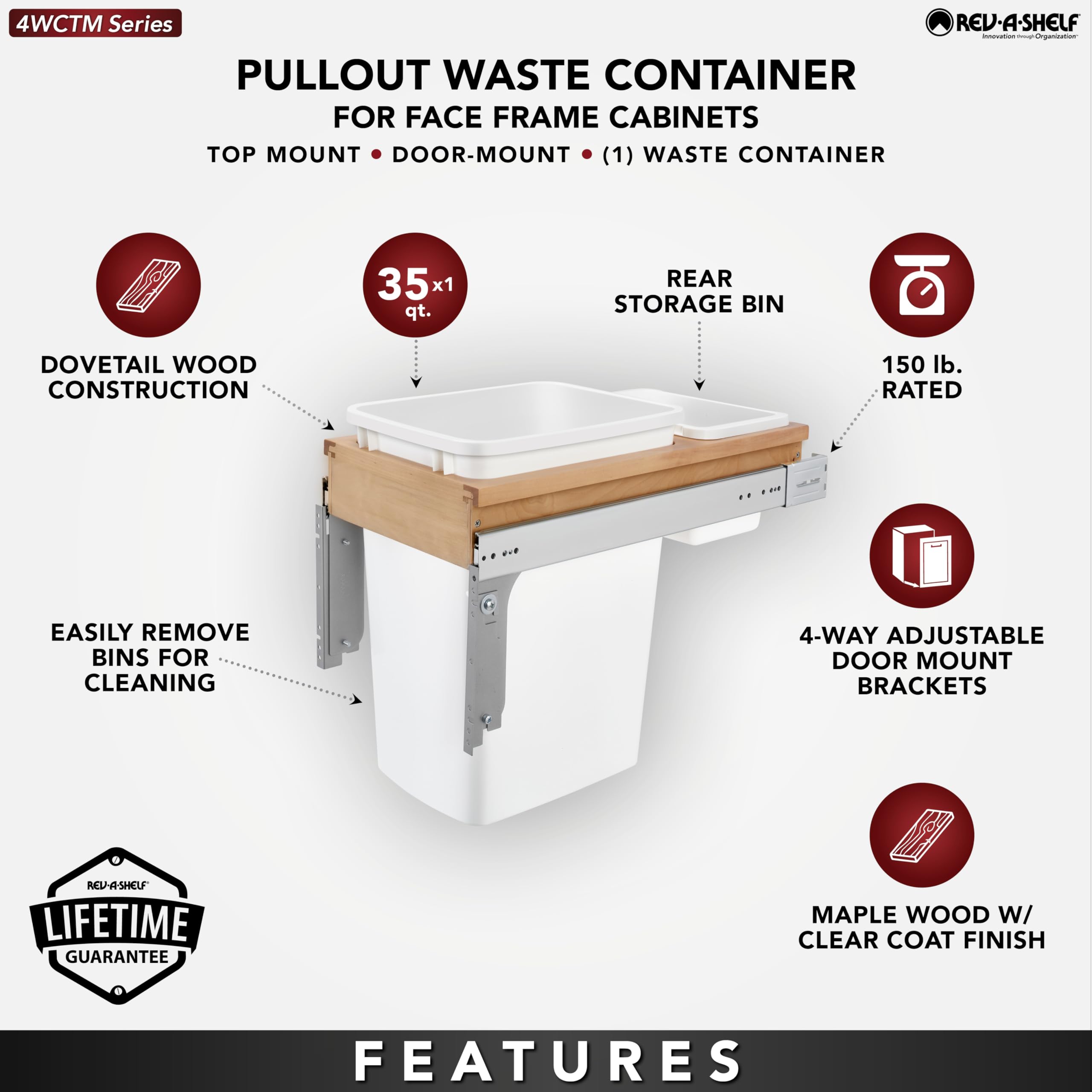 Rev-A-Shelf Single Pullout Under Cabinet 35 Quart Kitchen Trash Cans With Full-Extension Slides And 135 Pounds Capacity, 4Wctm-1