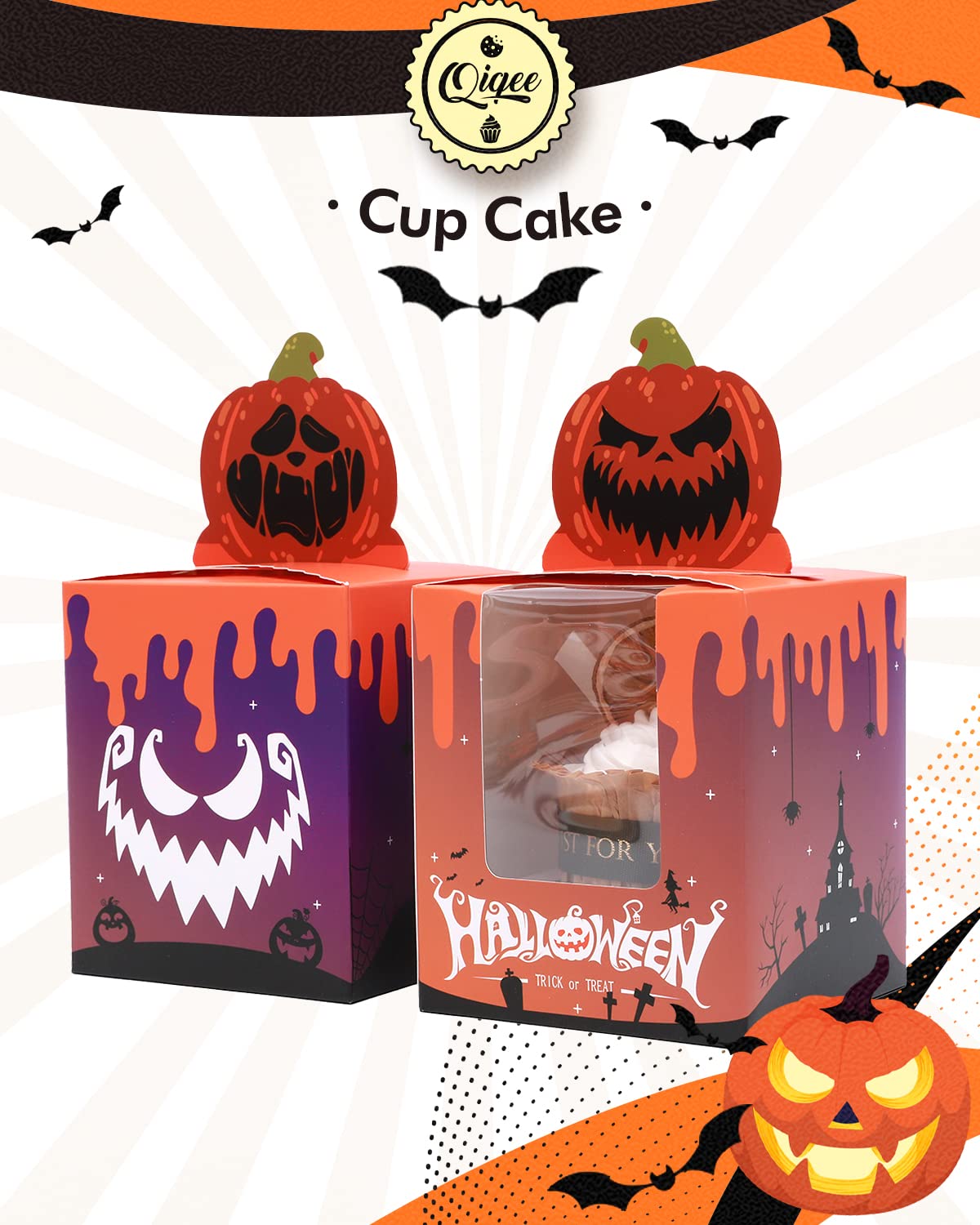 Qiqee Halloween Individual Cupcake Boxes Cupcake Holders Disposable 60Pcs Single Cupcake Boxes With Window 3.7'' 3.7''*4.5'' Cup