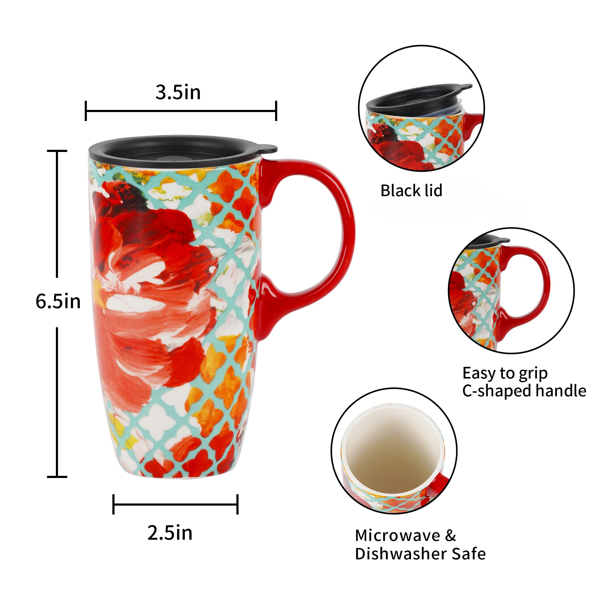 Topadorn Ceramic Coffee Mug Travel Cup Gift With Lid 17Oz., Porcelain Tall Tea Cup With Handle For Home & Office, Red Flower Art