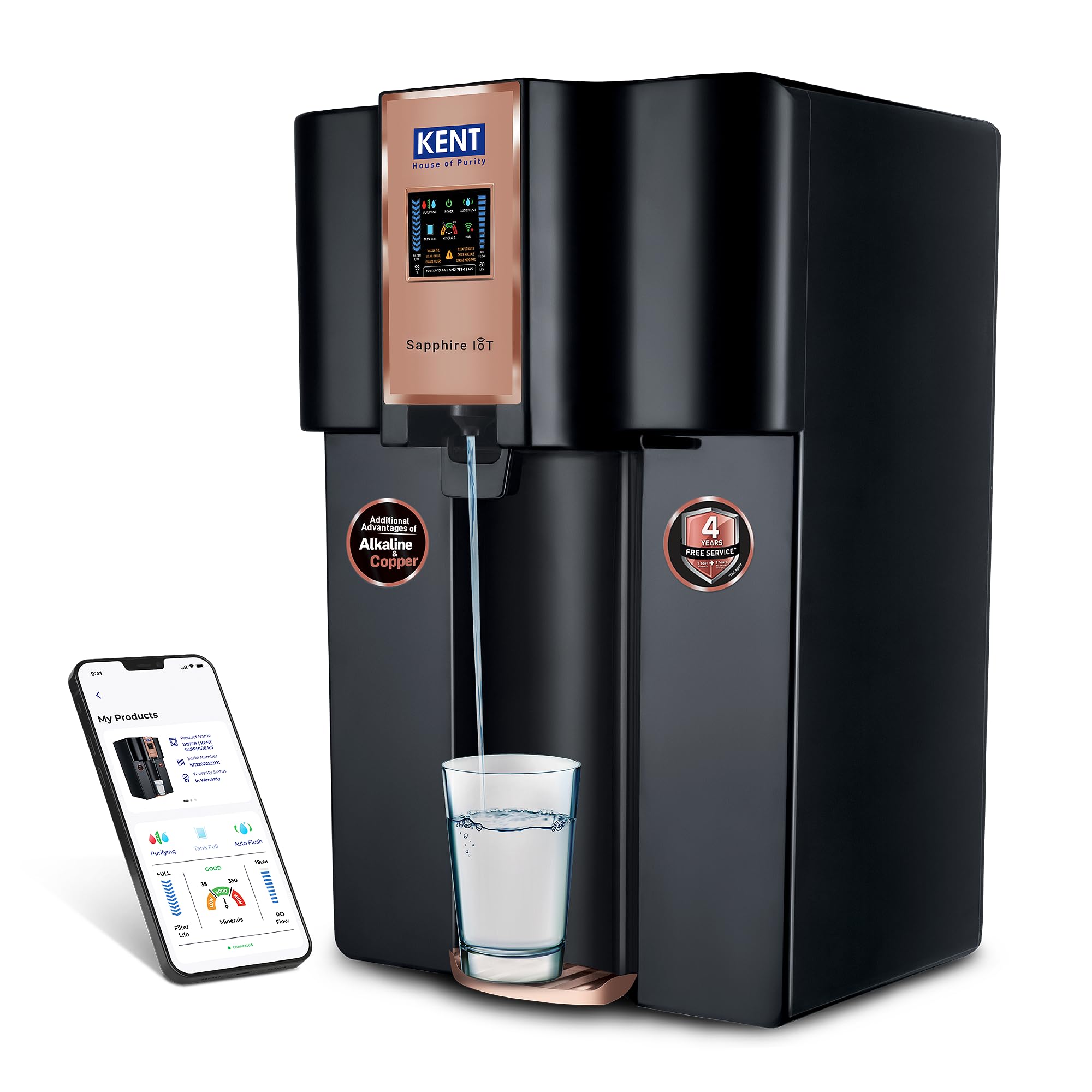 KENT Sapphire IoT RO Water Purifier|4 Years Free Service*|RO+UV+UF+Alk+Cu+TDS Control+UV in Tank | IoT Enabled | Fully Automatic