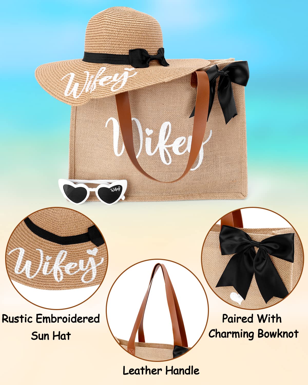 Percozzi Wifey Tote Bag Sun Hat Glasses Set Bride-To-Be Bridal Shower Gift Basket For Future Mrs. Honeymoon Jute Tote Bag Kit Su