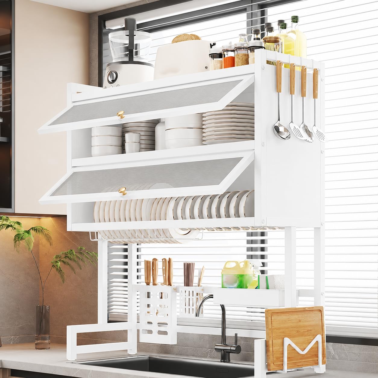 Homecloud 2Tier OverTheSink Dish Drying Rack With Dustproof Flip Cover Door | Multifunctional Adjustable Metal Kitchen Counte