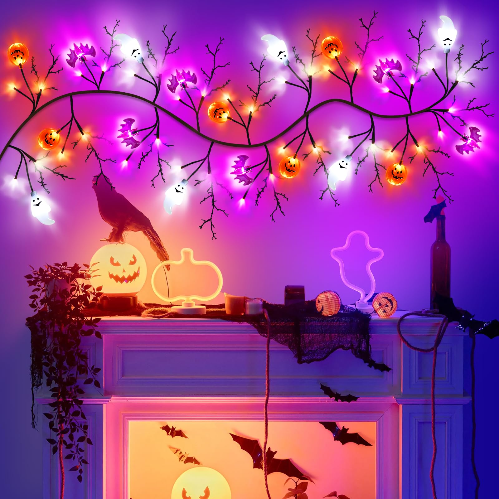 6Ft 54 Led Halloween Willow Vine Twig Garland With Orange Purple White Lights & 8 Model Timer &7 Pumpkin Bat Ghost,Battery Opera