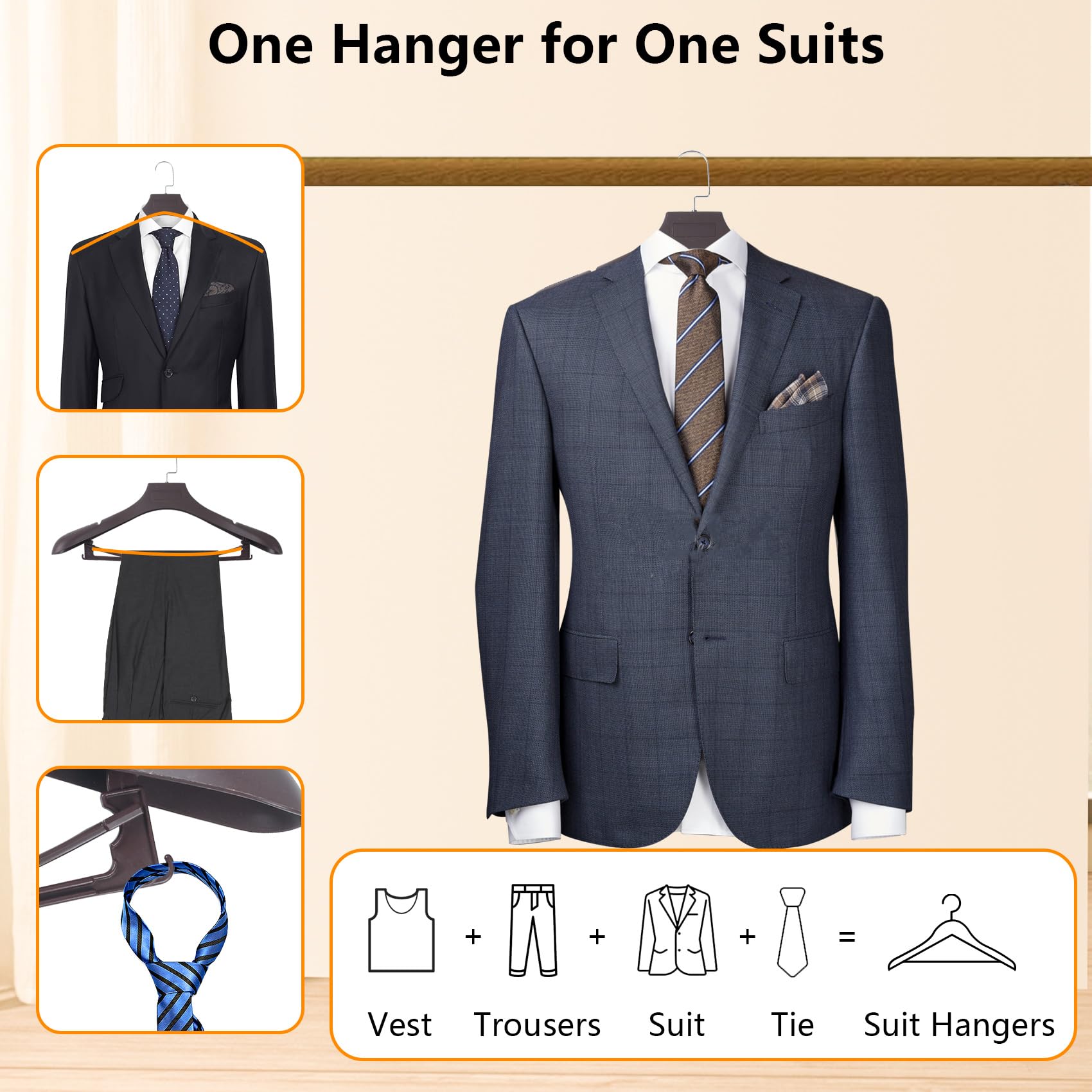 Suit Hangers For Men 6 Pack, Extra Wide Hangers Non Slip Width 17.7'', Brown Coat Hangers Thick Plastic With Pants Bar 360 Swive
