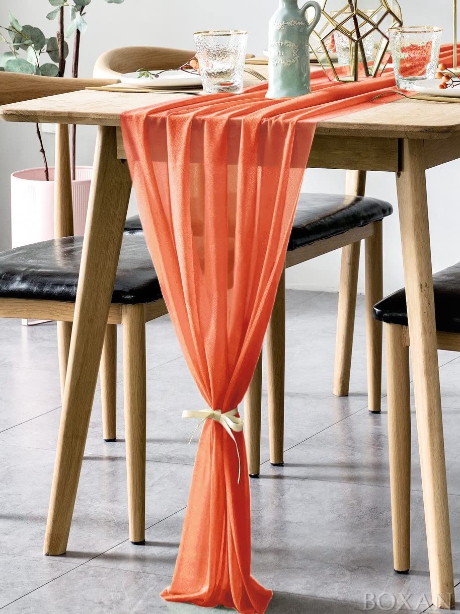 Boxan Gorgeous Burnt Orange Sheer Table Runner 30X120 Inch For Romantic Wedding Decor, Bridal Shower, Birthday Party, Fall Vinta
