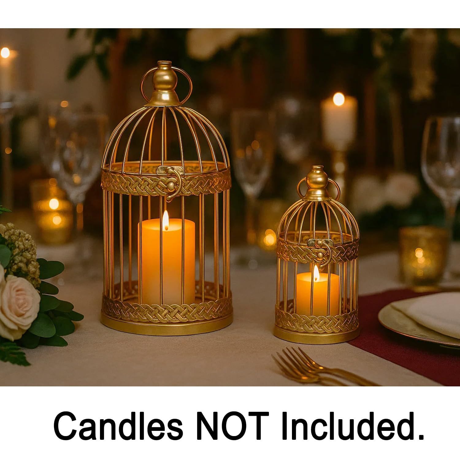VELA LANTERNS Birdcage Decor Candle Holder Lantern Decorative Wedding Table Centerpiece Decorations, 10 and 6 Tall, Gold, Set of