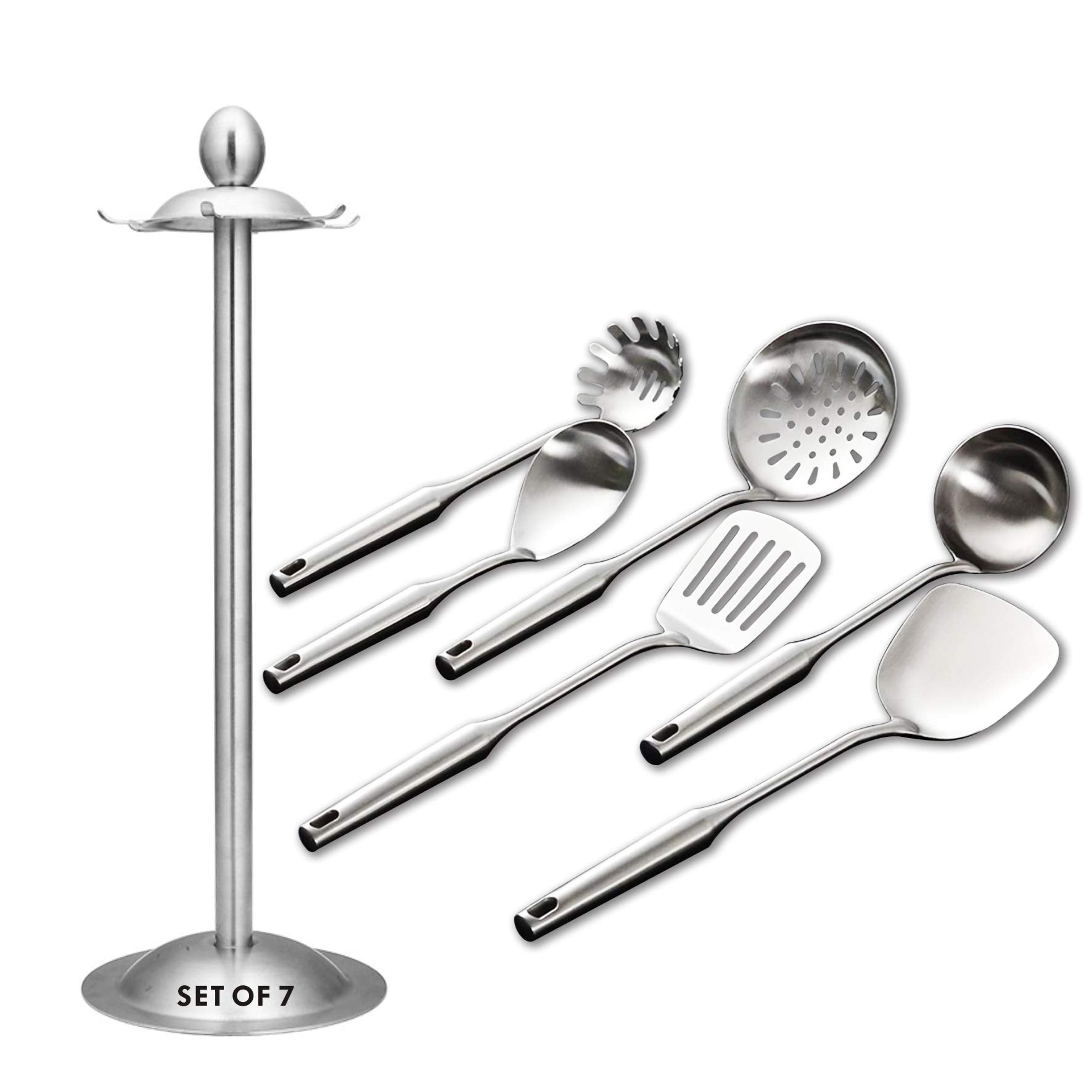 Kitchen Utensil Set - 6 Piece Stainless Steel Cooking Utensils With Rotating Holder Organizer Includes Slotted Spoon, Slotted Sp
