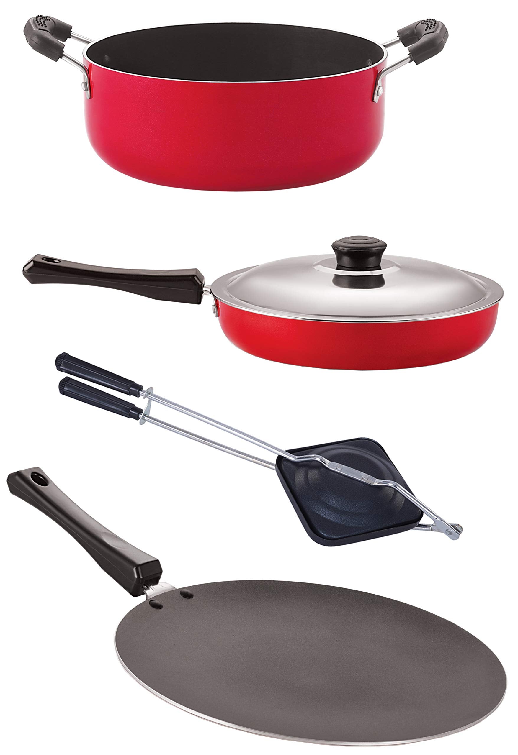 Nirlon Odor Free 3 Layer Non Stick Coating Cookware Gift Item Set With Bakelite Handle,4 Pieces (Red & Black) (Ct12_Fp12_Ht_Cs24