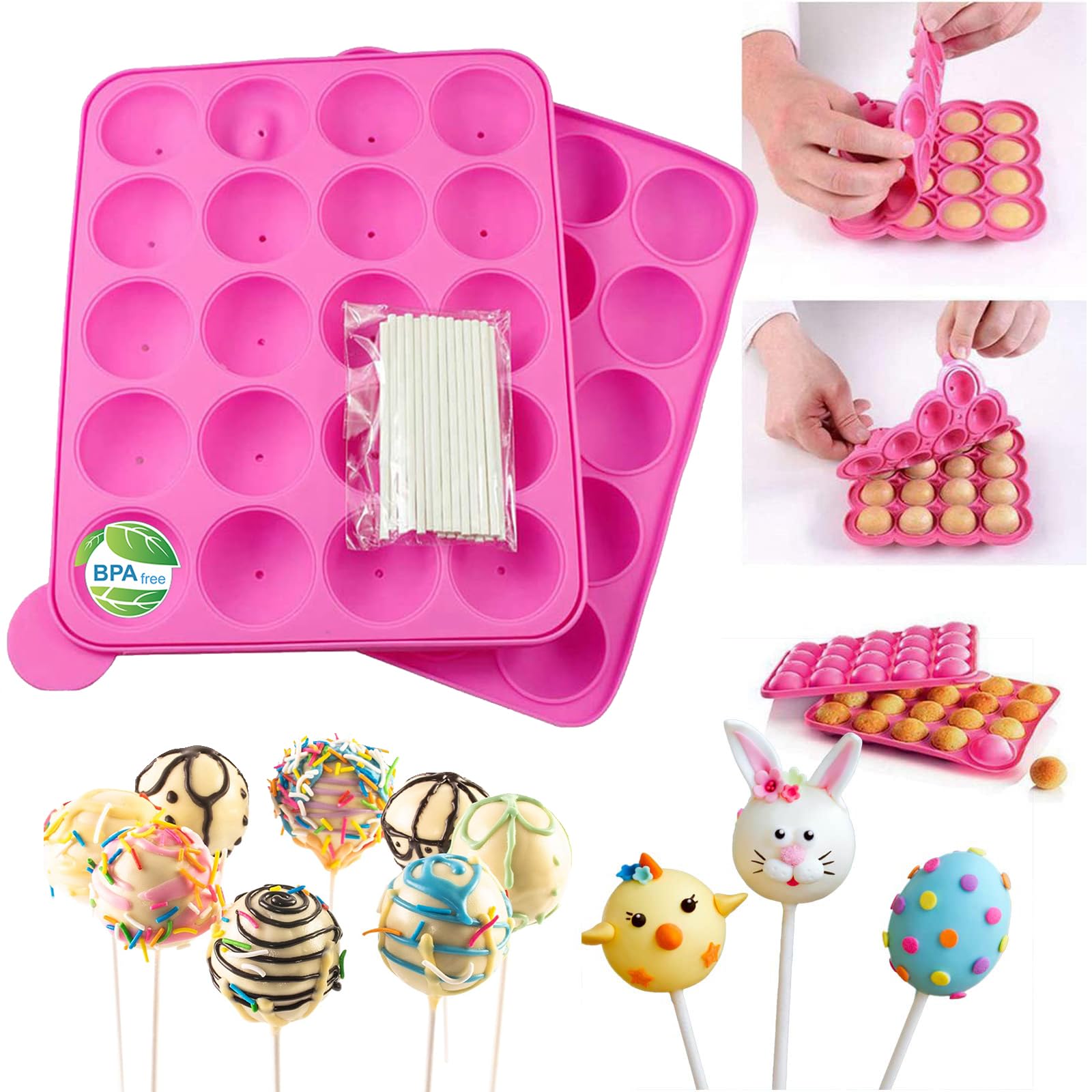 Silicone Cake Pop Mold + 120 Sticks, Easter Bpa Free Baking Mold For Candy Chocolate Lollipop Dessert Cupcake Cooker - Pink