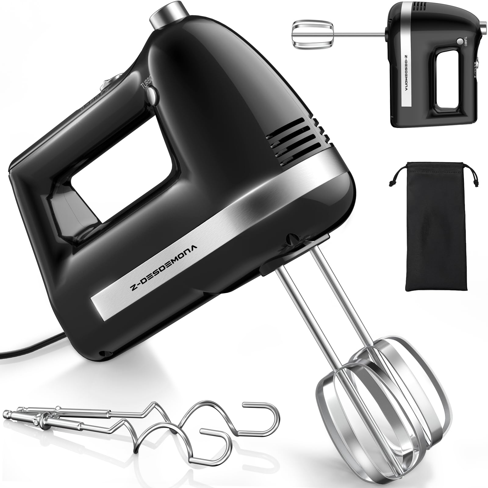 Z-DESDEMONA Electric Hand Mixer, Powerful 300W Hand Mixer Electric Handheld with 304 Beaters, Dough Hook,Hand Held Mixer with Tu