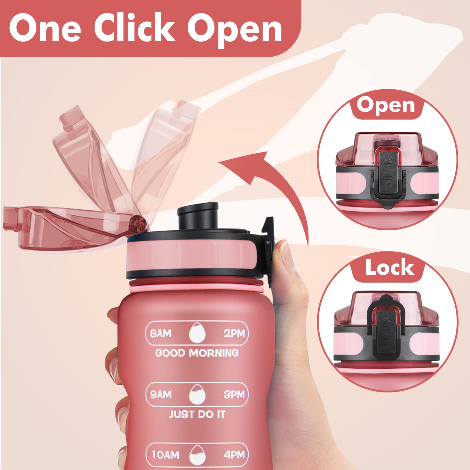 ZOMAKE 32oz Motivational Water Bottle with Times to Drink Time Marker & Removable Strainer Fast Flow Leakproof Tritan BPA Free Non-Toxic Water Jug for Fitness Gym Sports Rose Gold(Upgrade)