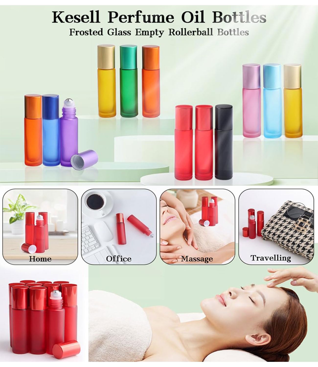 Kesell Empty Essential Oil Roller Bottles, 10 Ml Glass Roll-On Bottles With Stainless Steel Roller Balls, Pack Of 10