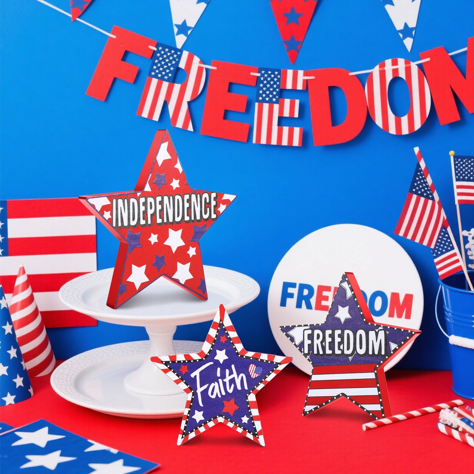 3Pcs Patriotic Decorations Star Faith Sign 4th of July Home Table Decor for Classroom Office Living Room Dining Table Centerpiec