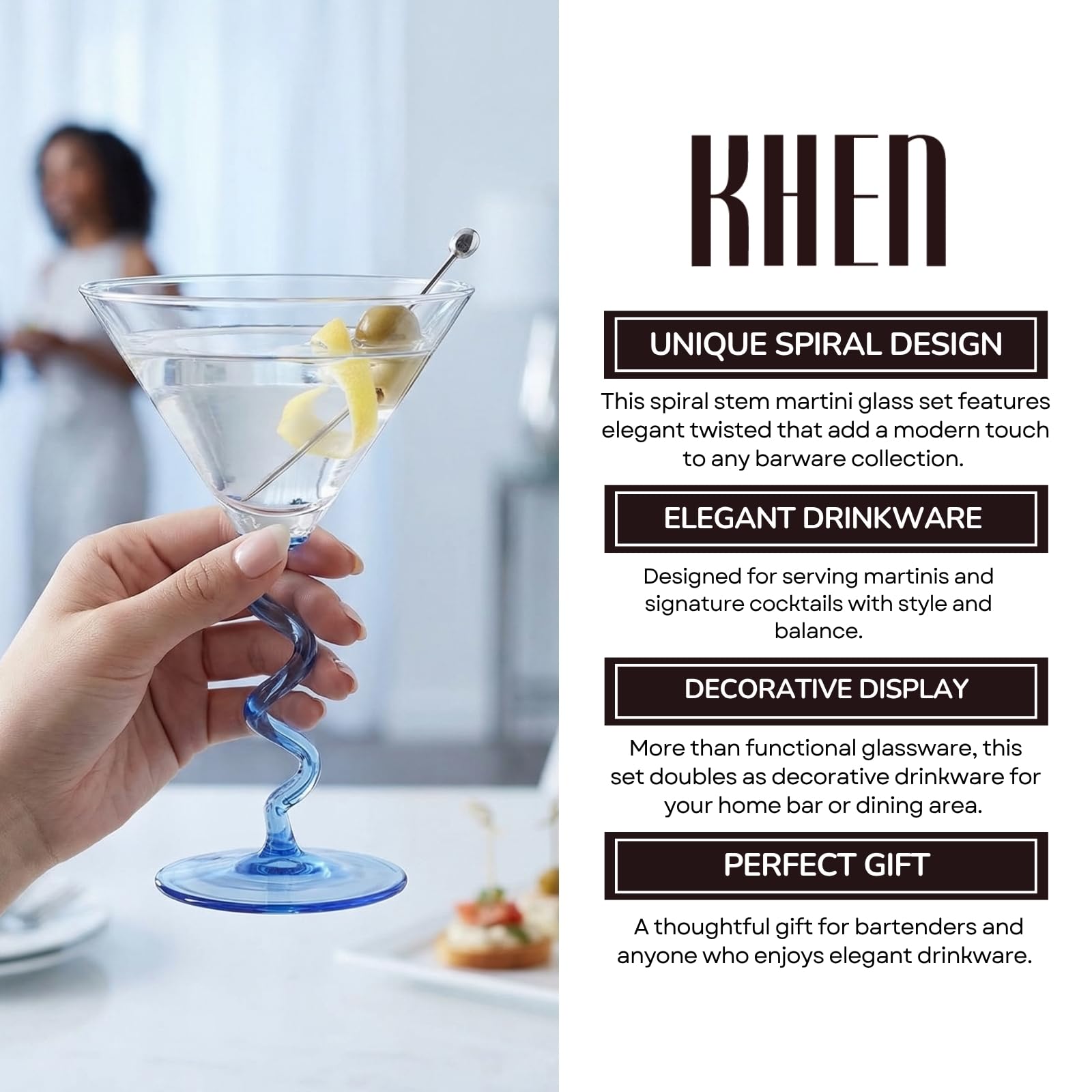 Spiral Stem Martini Glasses Set of 2, 9.2oz 7.05" Blue